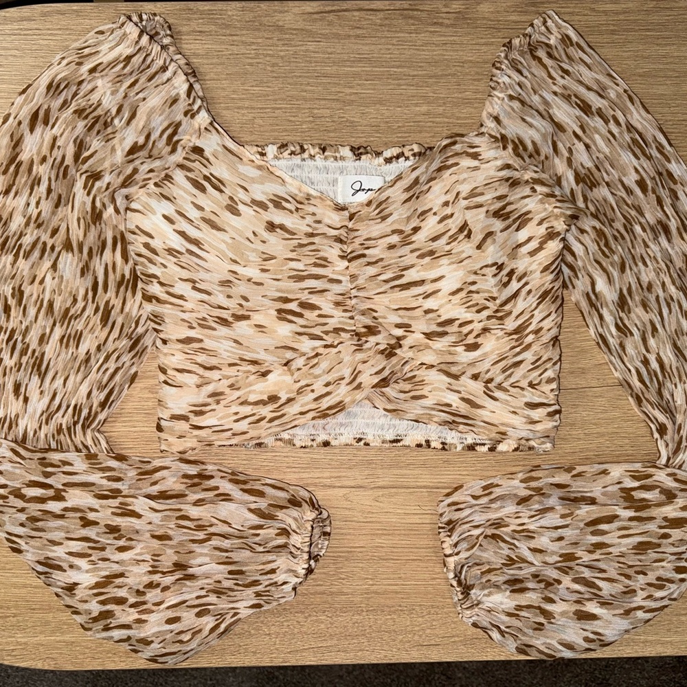 NWOT Japna Stylish Brown Patterned Women's Crop Top with Sheer Sleeves - Small